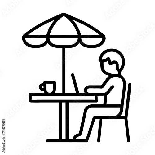 Minimal outline vector of a person working on a laptop at an outdoor cafe table with umbrella and coffee cup.