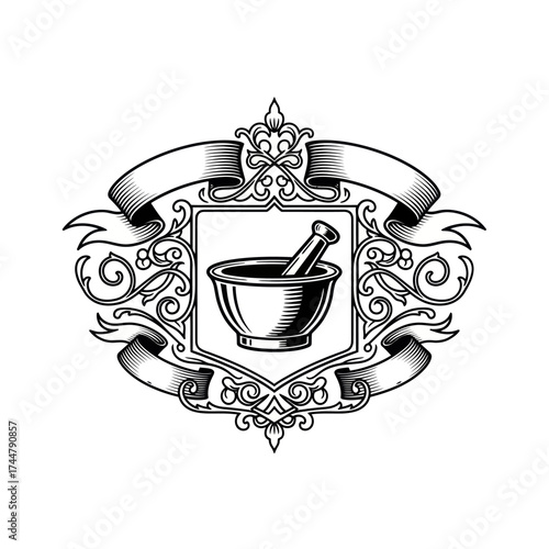 Vintage Mortar and Pestle Emblem with Ornate Scrollwork.