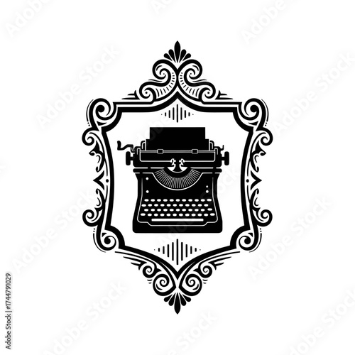 Vintage typewriter silhouette inside an elegant ornate frame.