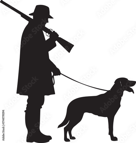 Silhouette of a Hunter with Dog and Rifle