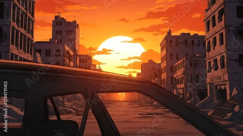 Post Apocalyptic Pixel Art Sunset in Cityscape with Dilapidated Buildings and Abandoned Car in Warm Hues, Pixelated Digital Illustration Depicts Urban Decay and Destruction