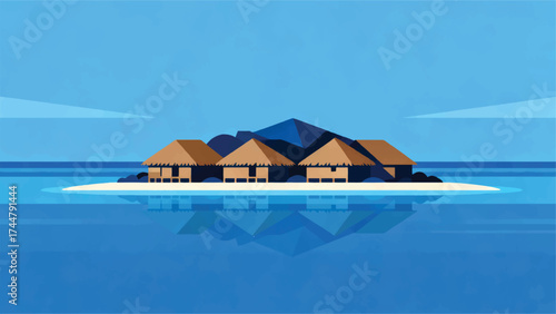 Illustration Of A Small Island With Traditional Thatched Roof Houses And Blue Sea Vector Design Template