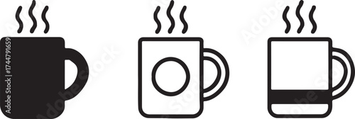 Three Mug Icons with Steaming Hot Drink Modern Minimalist Design for Beverage Concepts