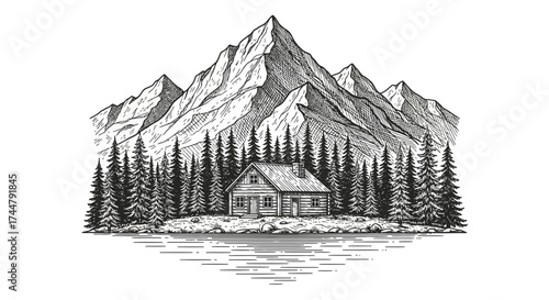 A rustic cabin nestled amongst tall pine trees with a majestic mountain range rising in the background, reflected in a calm lake.