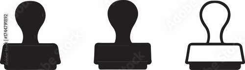 Three rubber stamp icons in black and white representing authorization and validation processes for documents and official paperwork
