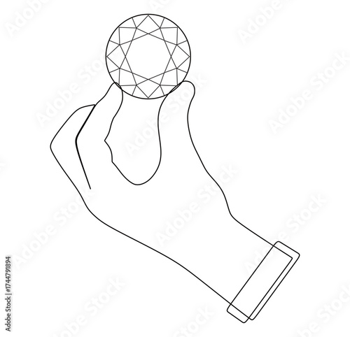 continuous line art of a hand holding a round diamond. the concept of luxury goods as style or investment