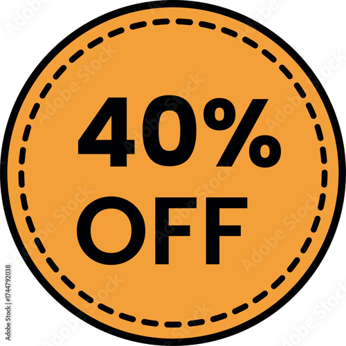 A vivid orange circle with a dashed perimeter displays a clear 40 off message, , indicating a significant price reduction for promotional activities