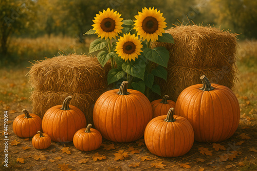 Pumpkins and sunflowers