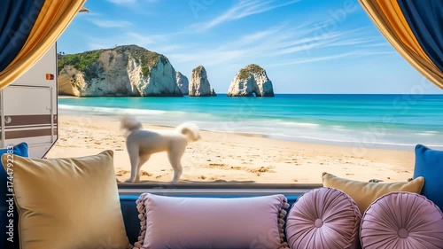 Comfortable Seating Inside Rv Overlooking Beach With Turquoise Waters Golden Curtains Blue Pillows Coastal Rocks On Sunny Day