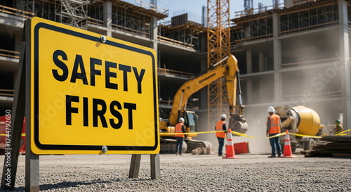 A prominent 'SAFETY FIRST' sign at a bustling construction site with heavy machinery, workers in PPE, and an unfinished building, highlighting workplace safety protocols.