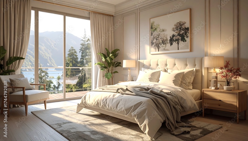 Fototapeta premium Sunlight-drenched bedroom with lake view