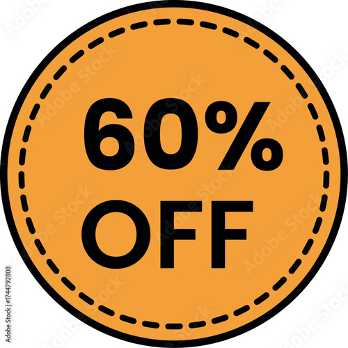 A vibrant orange circular sticker boldly proclaims a 60 discount, perfect for attracting customers and highlighting special offers in retail and advertising campaigns