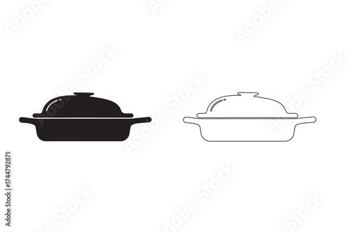 Elegant casserole dish illustration set in black and white for cooking enthusiasts and design projects highlighting cookware