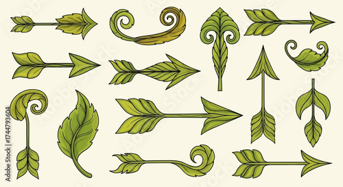 Collection of hand-drawn green arrows with leaf-like designs, pointing in various directions.