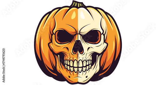 A detailed illustration of a pumpkin split in half, one side a pumpkin, the other a skull.