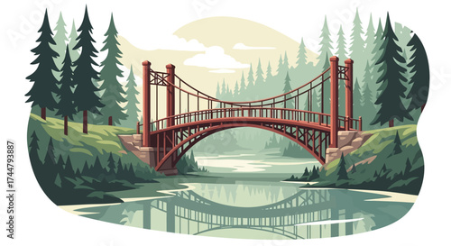 A red suspension bridge gracefully spans a tranquil river, surrounded by lush evergreen trees and foliage.