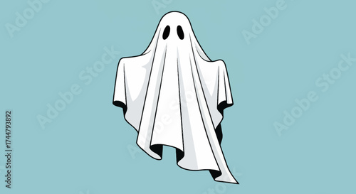 Cartoon illustration of a white ghost figure with black eye holes, floating against a light blue background.
