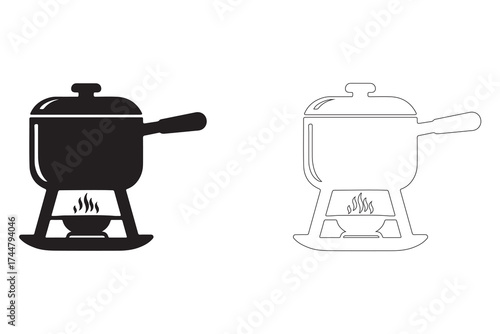 Fondue Pot Icon Vector Illustration Set with Black and White Options for Design Projects and Culinary Themes