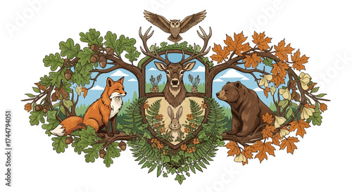 Illustrated crest featuring a deer, bear, fox, owl, rabbits, and foliage including oak and maple leaves.
