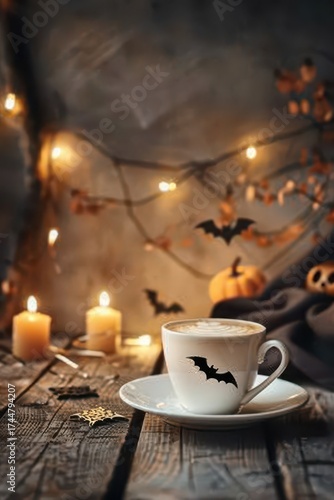 Wallpaper Mural Cozy halloween mockup with coffee cup and festive decor for seasonal design. Vertical banner. Copy space. Template for a bar, coffee shop, bakery, or pastry shop Torontodigital.ca