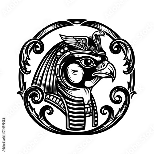 Ancient Egyptian God Horus Falcon Head Illustration.