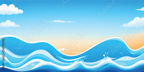 A bright blue sea and sky vector illustration with stylized waves and a summer sun pattern makes a perfect ocean backdrop design