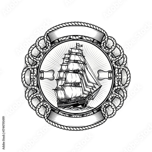 Detailed Ship Illustration in Nautical Rope Frame with Banners.