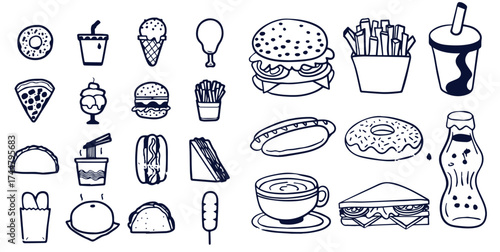 Sketch fast food set on white background