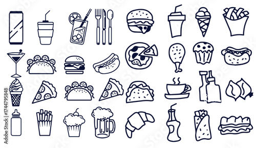 Sketch fast food set on white background