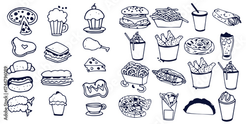 Sketch fast food set on white background
