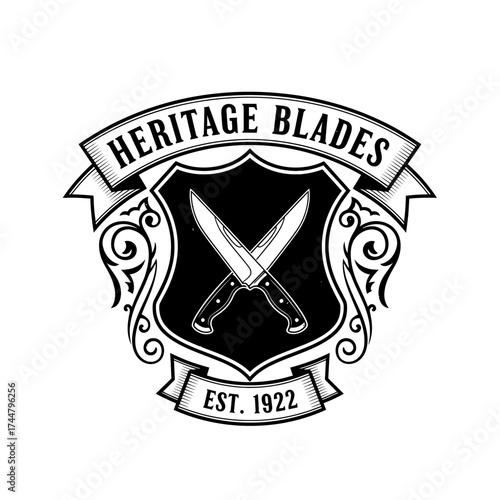 Heritage Blades Logo Featuring Crossed Knives and Established Date.