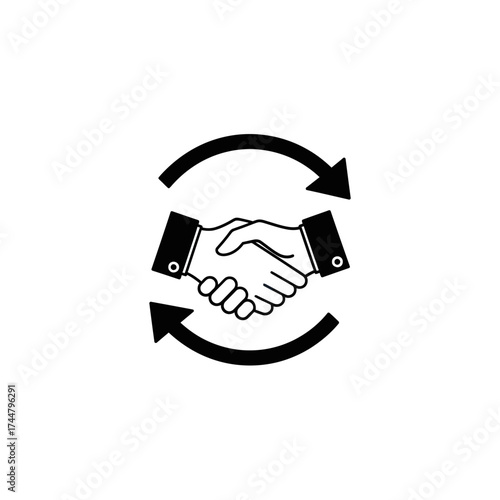Graphic icon illustrating a handshake within a circular arrow design, representing mutual agreement, partnership, or business transaction.
