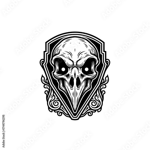 Intricate skull illustration with sharp details and ornamental frame.