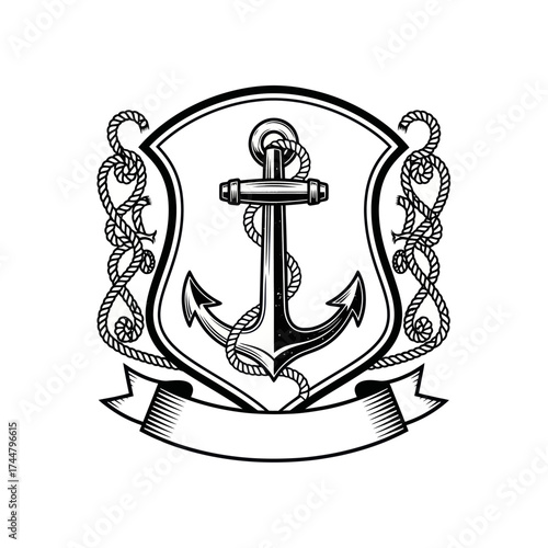 Monochrome nautical anchor emblem with shield and rope border.