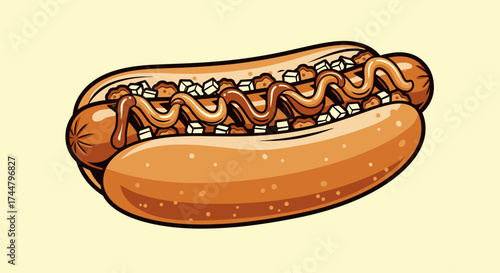 Delicious Hot Dog Illustration with Mustard and Onions on a Bun, Perfect for Fast Food Menus and Food-Related Design Projects.