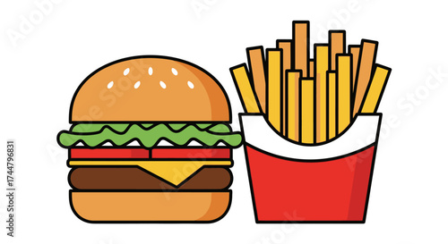Burger and Fries Illustration Depicting Fast Food Meal for Restaurant Menus, Food Blogs, and Culinary-Themed Graphic Design Projects