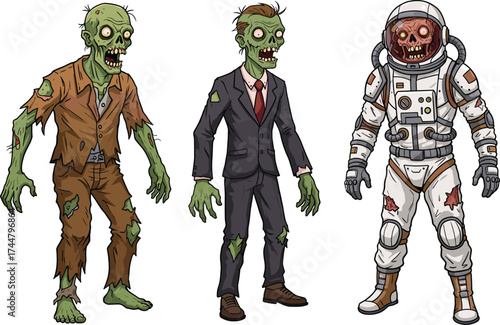Cartoon zombies in business suit, astronaut outfit, and tattered clothing, humorous undead characters, fantasy horror theme, cad drawing flat vector illustration