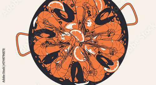 Delicious Seafood Paella Illustration Featuring Shrimp, Mussels, and Citrus Accents, Perfect for Menu Design and Culinary Promotions.
