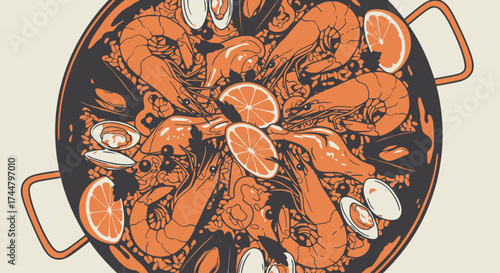 Vibrant Paella Illustration Showcasing Seafood and Citrus Delights for Culinary Art and Spanish Cuisine Promotion projects.