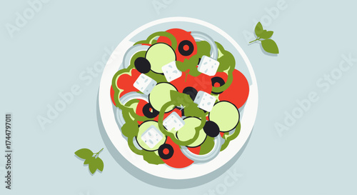 Fresh and Colorful Greek Salad Illustration on White Plate, Ideal for Healthy Eating Guides, Recipe Websites, and Mediterranean Cuisine Promotions