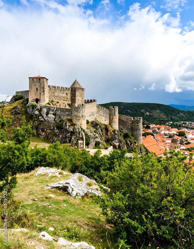 Fototapeta premium Medieval Fortress Perched Atop a Rocky Hillside