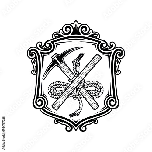 Vintage Emblem Featuring Crossed Mining Tools and Rope.