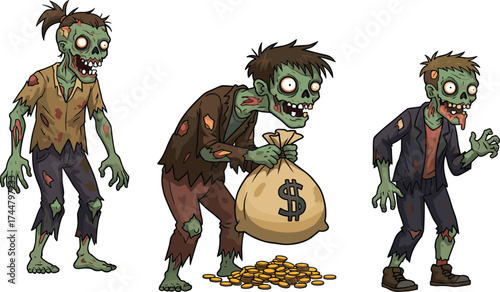 Cartoon zombies with money bag, funny green undead characters, horror humor illustration, ragged clothing, exaggerated faces, Halloween theme, cad drawing flat vector illustration