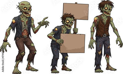 Cartoon zombies, funny undead characters, creepy monster illustration, protest zombie with signs, scary Halloween artwork, spooky cartoon design, horror fantasy drawing, 