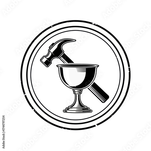 Vintage emblem of a hammer and chalice in a circle.