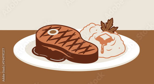 Grilled Steak and Mashed Potatoes Vector Illustration for Restaurant Menus, Food Blogs, and Culinary Design Projects