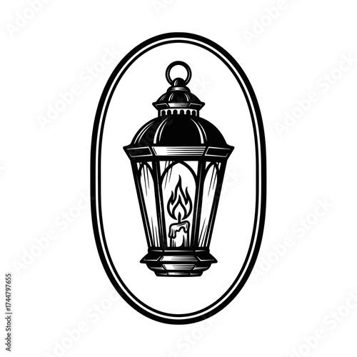 Vintage Lantern with Burning Candle in Oval Frame.