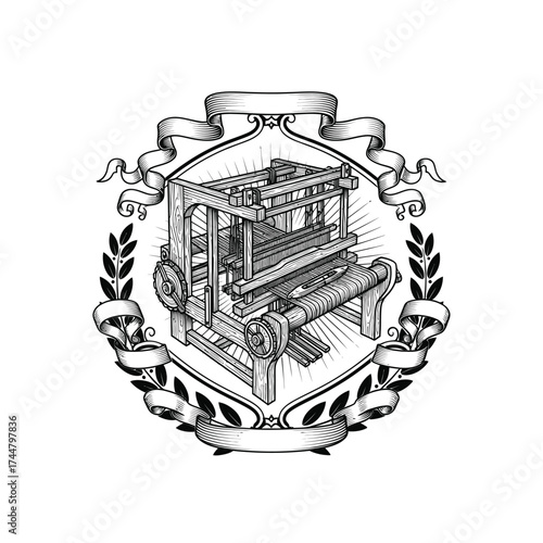 Vintage Loom Machine in Heraldic Crest with Ribbons and Laurel Wreath.