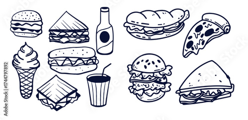 Sketch fast food set on white background