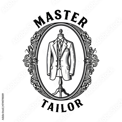 Vintage Tailor Shop Emblem with Mannequin and Suit.